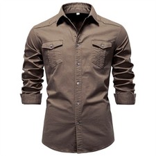 Men's new denim shirt casual solid color long sleeved shirt