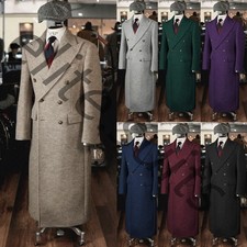 Wool Vintage Men's Overcoat Peak Lapel Double Breasted Outdoor Casual Long Coat