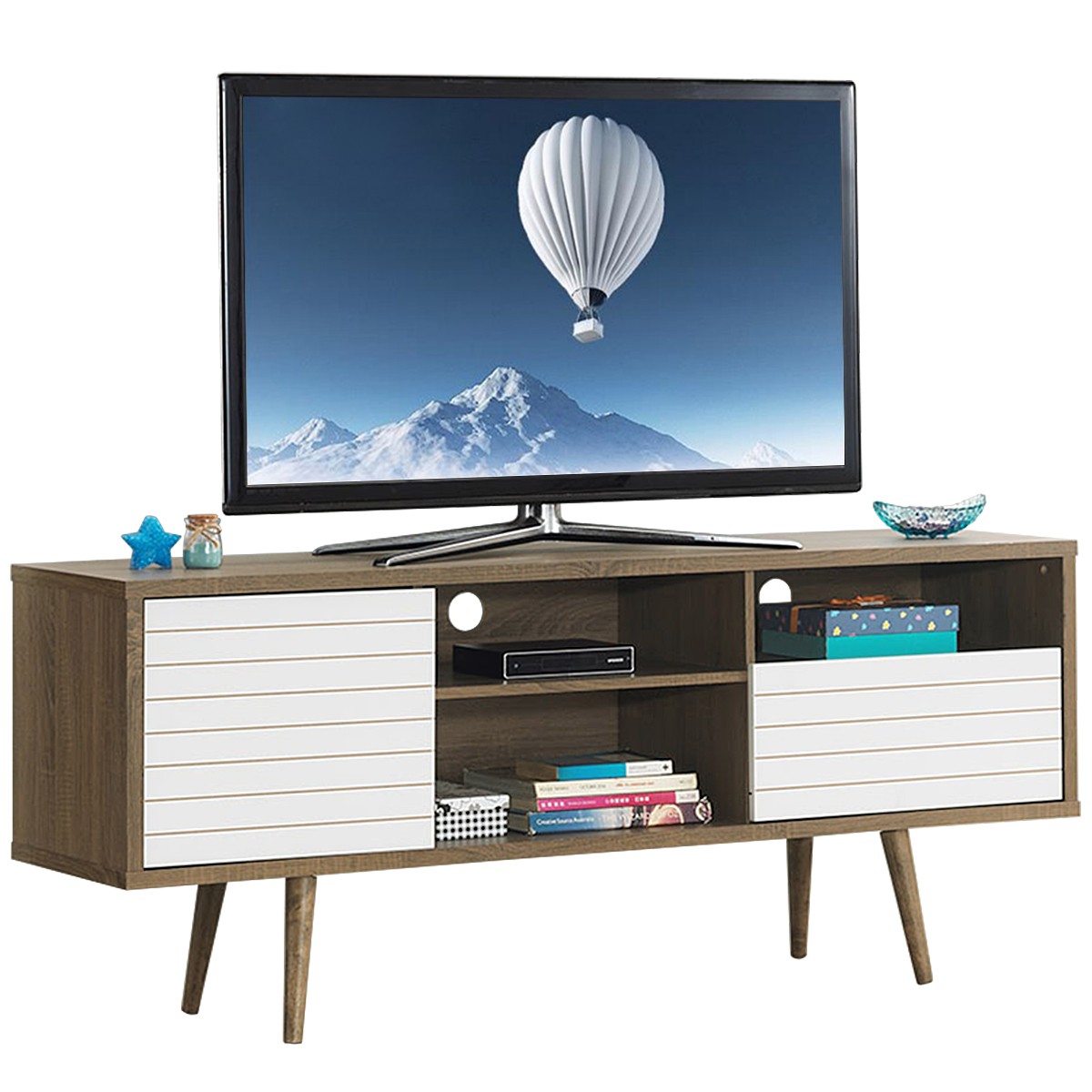 Modern TV Stand/Console Cabinet 3 Shelves Storage Drawer Splayed Leg Wood/White