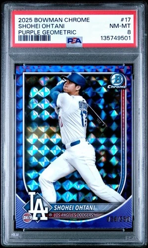 Shohei Ohtani 2025 Bowman Chrome Purple Geometric Refractor /250 Dodgers PSA 8