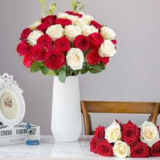 20PCS Artificial Roses with Long Stems - Realistic Silk 20 PCS, White red