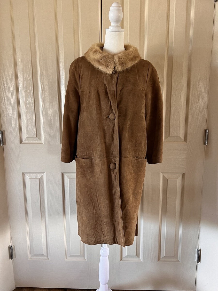Vintage 50s 60s Womens S Long Suede Leather Jacket Mink Fur Collar