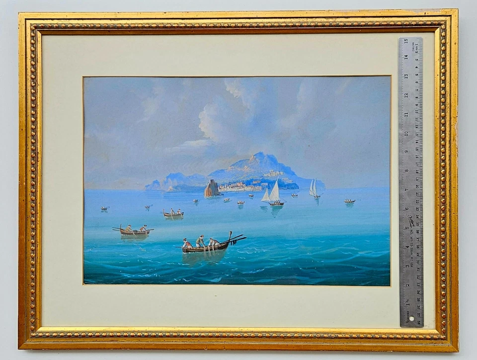Antigua acuarela italiana pintura gouache bahía de Nápoles Ischia Foto 4 de 4