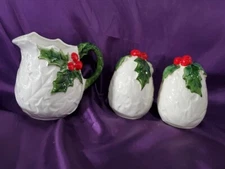 Vintage LEFTON White Holly Cream Pitcher And Salt & Pepper Set 