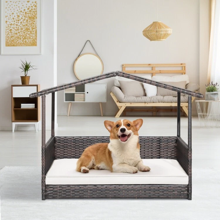 室内/室外柳条狗屋藤制沙发带靠垫休息室抬高藤床 — 第 3/4 张图片