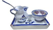 Italian Art Pottery Cream & Sugar Set Tray & Spoon Hand Painted Flowers Venice