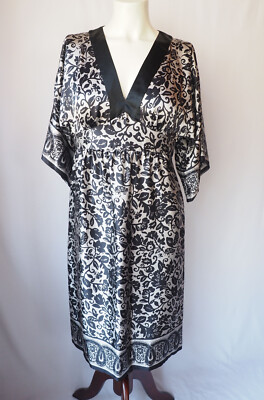 Donna Morgan Silk Satin Kimono Dress Empire Waist Floral Arctic Silver Black 4