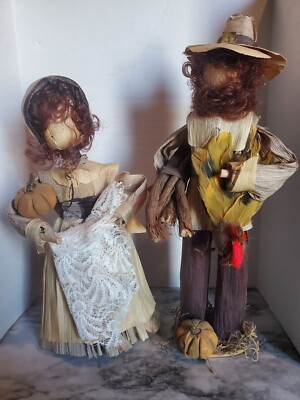 Vintage Thanksgiving Folk Art Corn Husk Handmade Pilgrim Figurines 12'' & 10''
