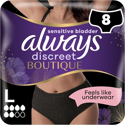PROCTER & GAMBLE Always Discreet Boutique Underwear Incontinence Pants plus L Black X 8, for Sens