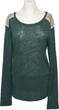 AQUA Bloomingdale's Top Large Green Beige Embellished Beaded Long Sleeves Tunic
