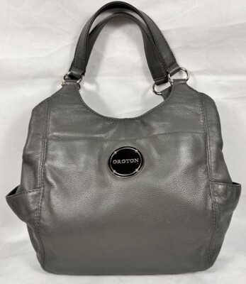Oroton X-Large Pebbled Grey Leather With Large Silver Logo Hobo
