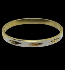 Vintage gold tone white enamel etched hinged bangle bracelet Hong Kong