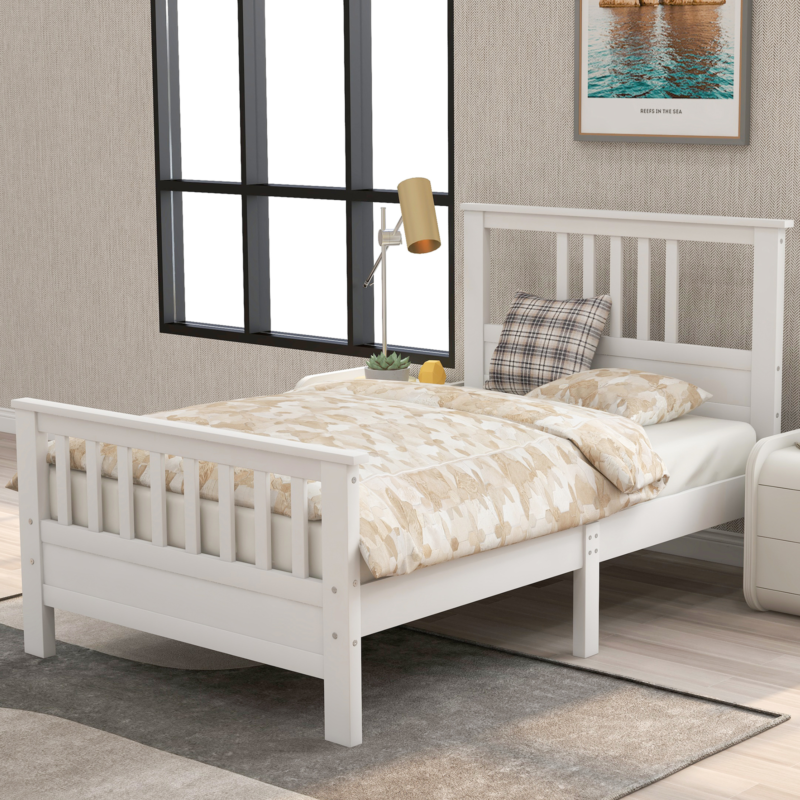 White Twin Wood Platform Bed with Headboard & Footboard