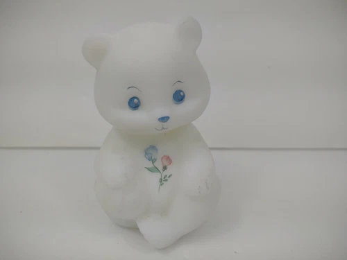 Fenton Glass Bear Hand Painted Satin Milk Glass Signed Floral figurine flowers
