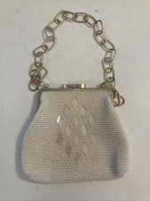 Vintage Off White Beaded Hand Bag Purse Diamond Shape Chain Shoulder Hong Kong