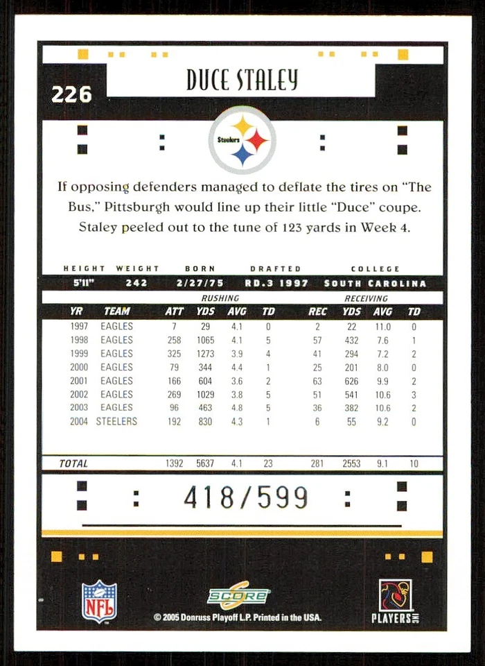 2005 Score Scorecard #226 Duce Staley /599 - Image 2 of 2
