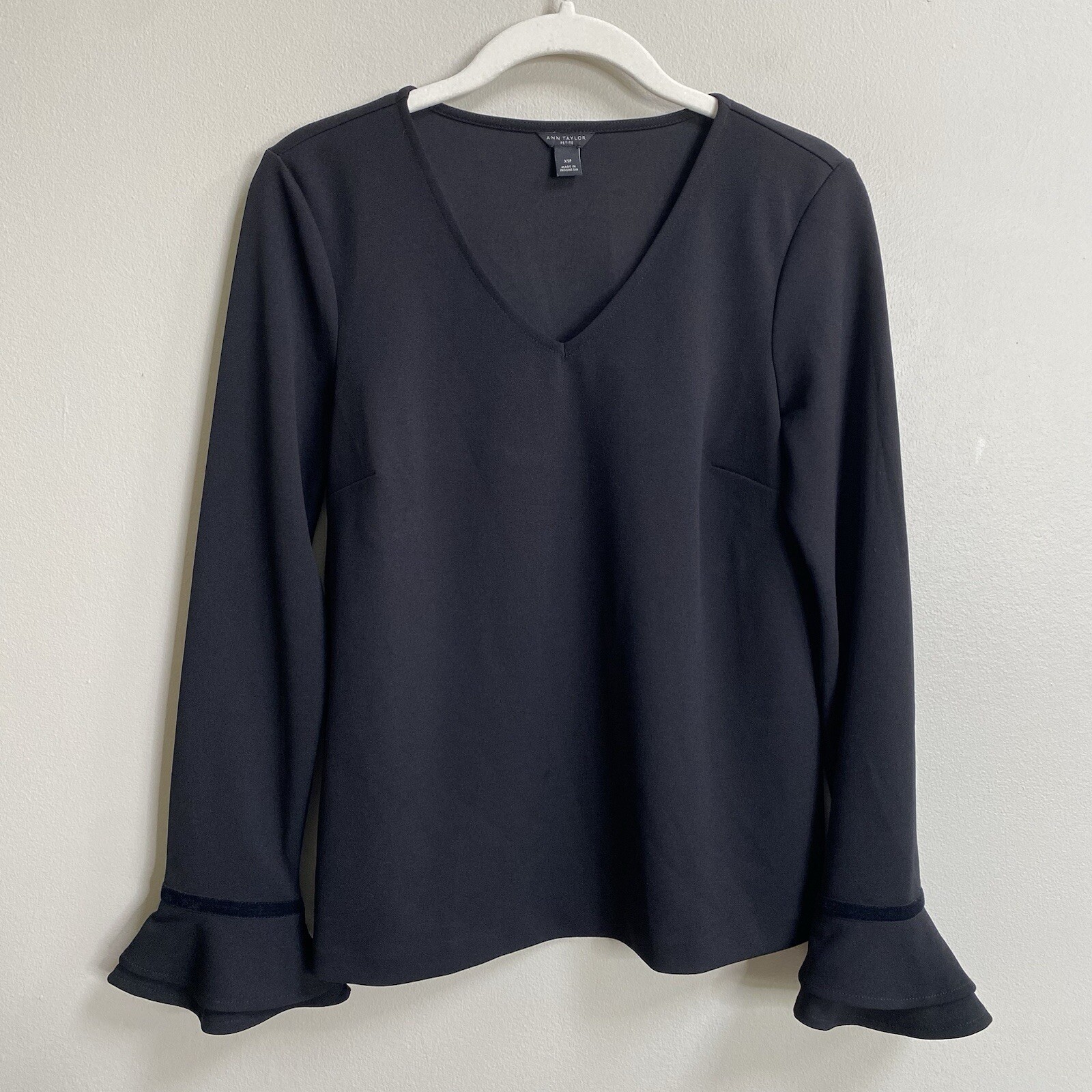 Ann Taylor Petite Black Ruffle Sleeve V-Neck Blouse Size XSP
