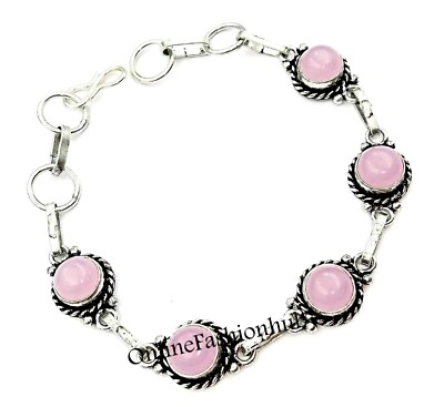 Rose Quartz Gemstone 925 sterling silver plated Bracelet 8'' Gift Worry Jewelry