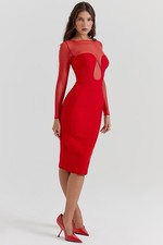 House Of CB Darcy Red Plunge Mesh Midi Dress Size S