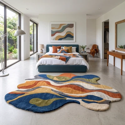 Tapis en laine touffeté à la main vague abstraite multicolore forme irréguliè... - Photo 1/4