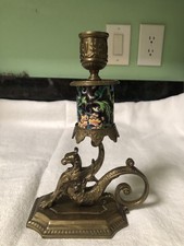 Fabuloso CANDELABRO SERPIENTE LEÓN MÍTICO ESMALTE LATÓN VINTAGE