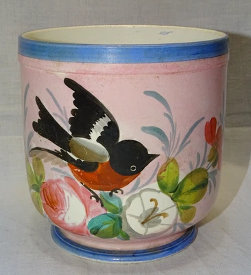 -ANCIEN CACHE POT FAÏENCE XIXe NAPOLEON III déco 1 OISEAU PEINT et FLEURS D - Photo 1/4