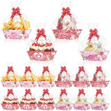 12 Set Empty Gift Baskets With Cellophane Bags Red Bows Tags Market Tray