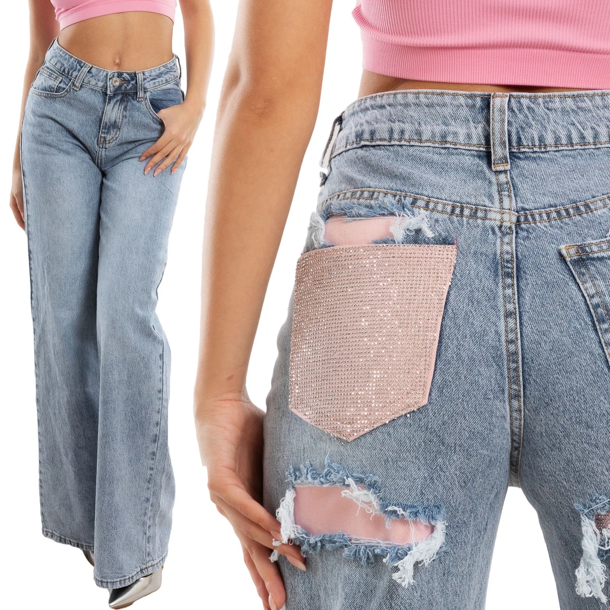 Jeans da donna casual con strass, a vita bassa, gamba larga, dritti, scintillanti, in denim, con strass, Azzurro, M