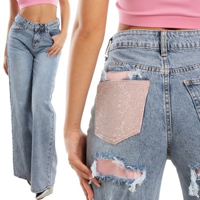 Damen Jeans Palazzo Tasche Rosa Glitzer Hose High Waist TOOCOOL YW-1629E