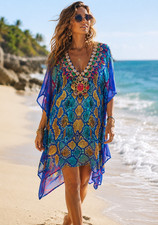 ASA KAFTANS Blue Rhinestone Kaftan Sheer Cover Up Snake Print Beach Dress Sz XXL