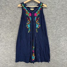 Wayan Dress Women M Medium Blue Floral Embroidered Shift Midi V-Neck Sleeveless