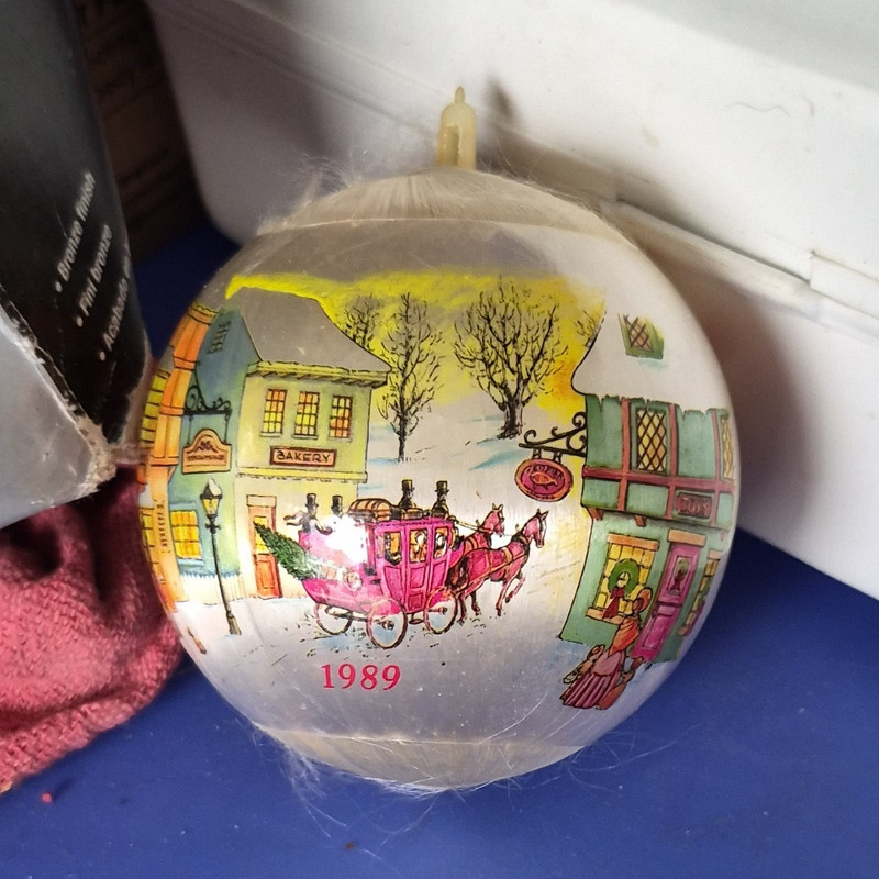 1989 Vintage Christmas Ornament Round Multicolor Carriage Winter Scene Hanging