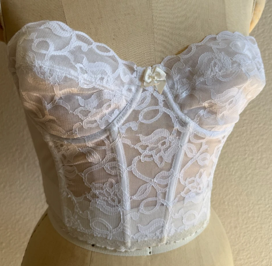 Corsé Bustier Vintage Valmont Blanco Encaje 34C Transparente Floral Deshuesado Usado en Excelente Condición Foto 2 de 4