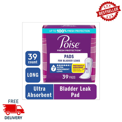 Poise Incontinence & Postpartum Pads, 7 Drop Ultra Absorbent Long Length, 39 Ct