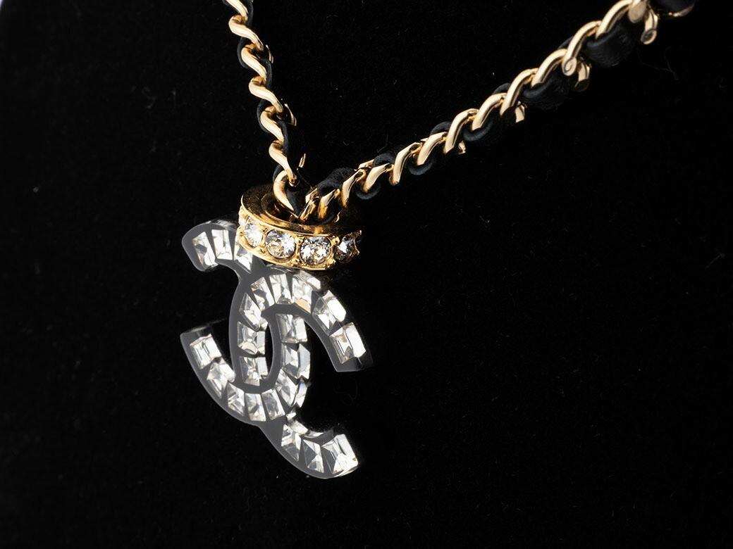 Chanel Coco Mark Leather Choker Necklace Metal Rhinestone Black