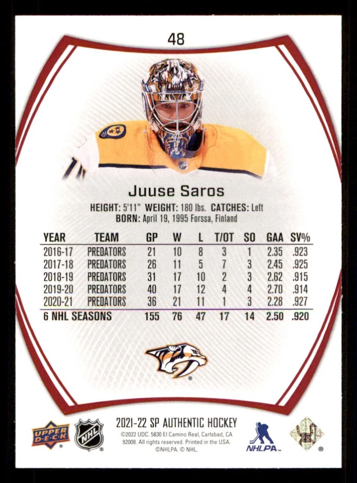 2021-22 SP Authentic Limited Red #48 Juuse Saros - Image 2 of 2