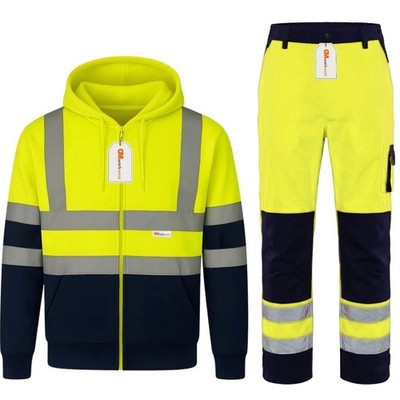 GM Hi Vis Hoodie mit durchgehendem Reißverschluss & Cargo Jogginghose Set Arbeitskleidung Sicherheit PSA Sicherheit Herren UK