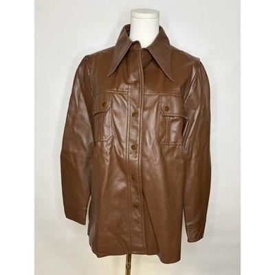 Miss K Vintage Brown Faux Leather Shacket Snap Front Jacket Large RN 42000