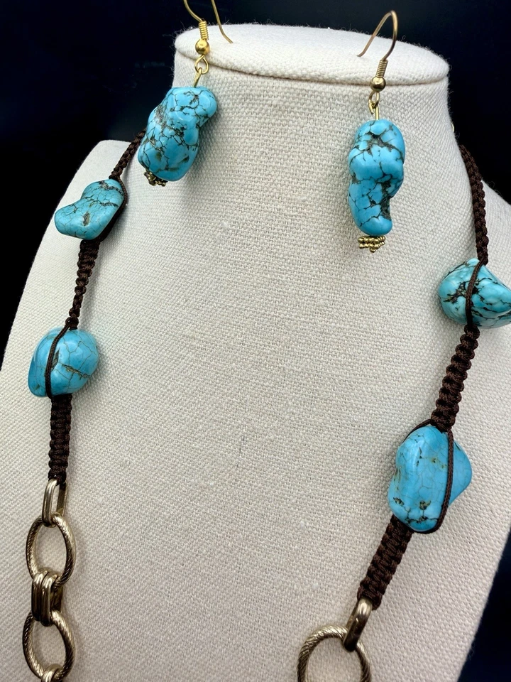 Genuine Turquoise Nugget Earring And Nexklace Set, Purple Cabochon Accents - Image 3 of 4