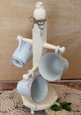 VINTAGE HANDMADE WOOD MUG TREE + 4 MIKASA STUDIO NOVA PINK VISTA FOOTED TEACUPS