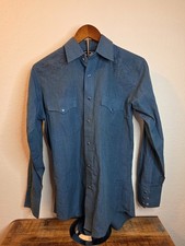 Wrangler Long Sleeve Pearl Snap Blue Shirt with Navy/Black Embroidery Small