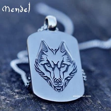 MENDEL Mens Norse Viking Gen Z Y2K Wolf Head Pendant Necklace Stainless Steel
