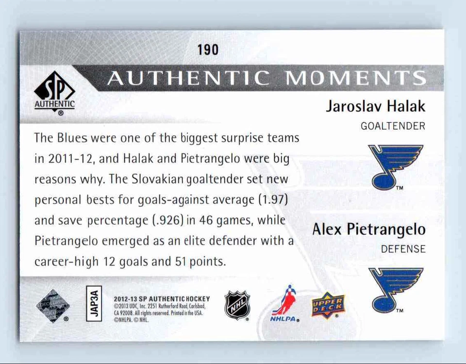 2012-13 SP Authentic Jaroslav Halak/Alex Pietrangelo St. Louis Blues #190 - Image 2 of 2
