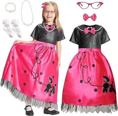IKALI Kids Girls 50s Sock Hop Costume, Fancy Dress Poodle Skirt Outfit 7-8 Year