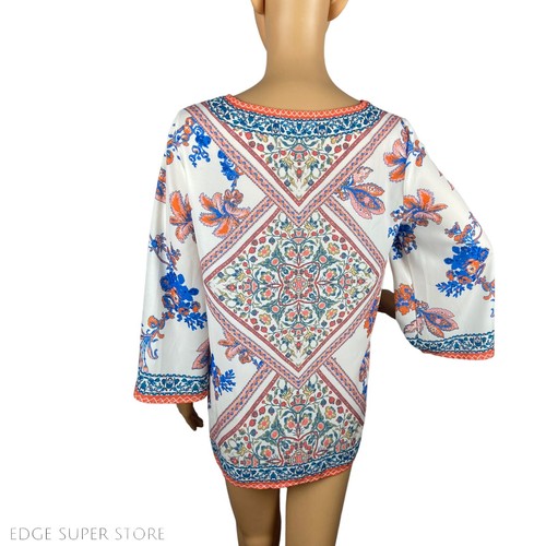 Fabrik Boho Blue Orange Floral Print Lace Up 3/4 Sleeve Top Blouse Size Medium - Picture 3 of 5