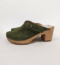 clogs leahter green - high heels swedish clogs Handmade wooden sandals Sweden