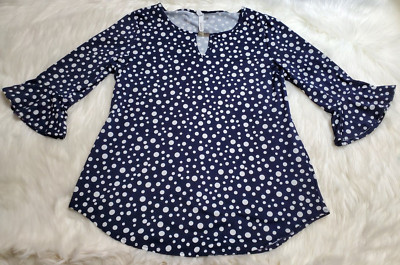 NY Collection Women Medium M Navy Blue White 3/4 Sleeve Top Polka Dot Tunic E-5