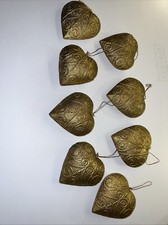 8 Gold Heart Shaped Christmas Ornaments Shatterproof Intricate Design Hanging