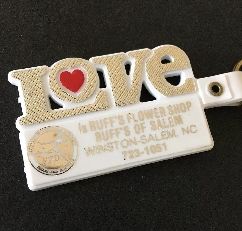 Vintage Keychain RUFF’S FLOWER SHOP FTD Key Ring Fob WINSTONSALEM NC