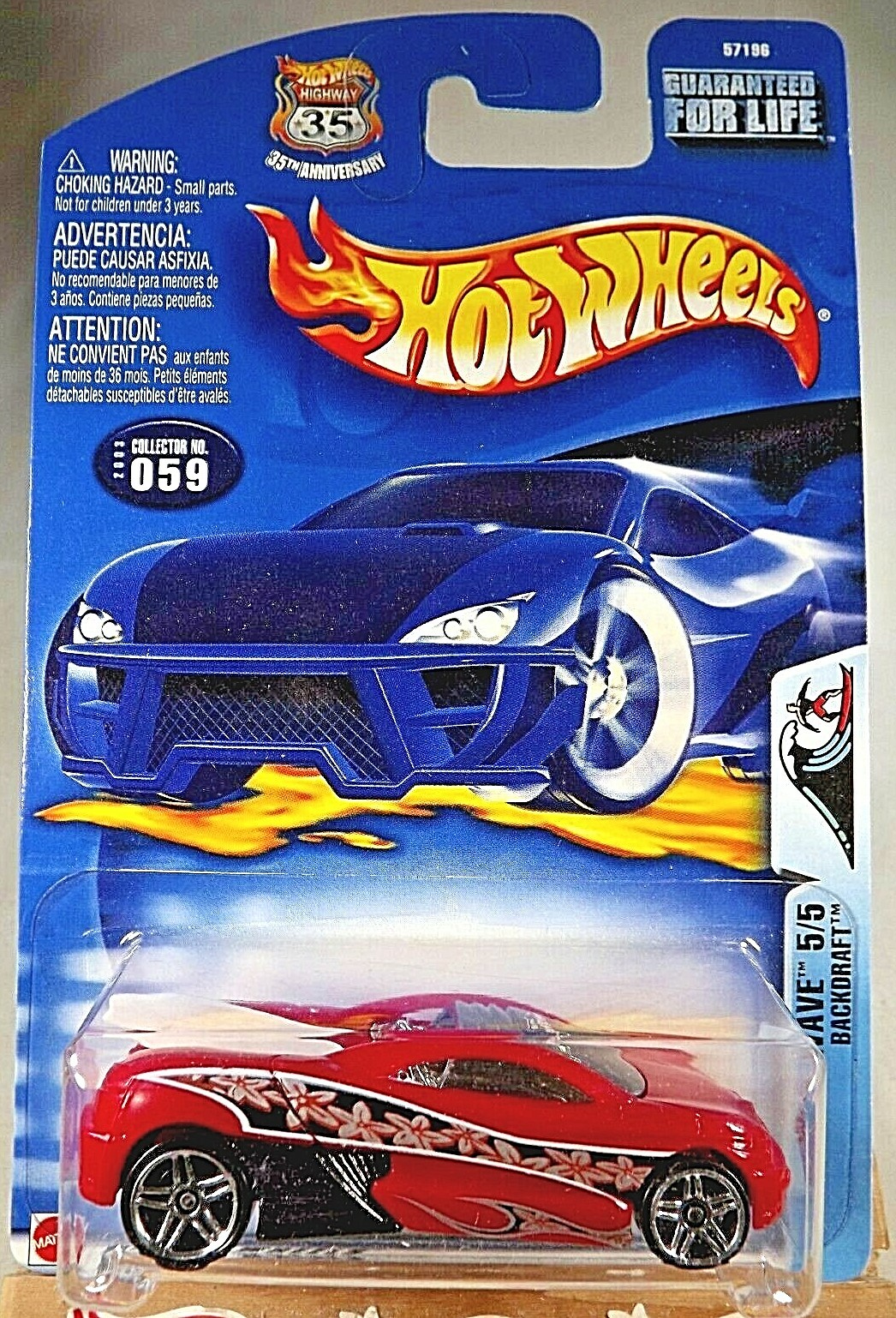 2003 Hot Wheels #59 Wild Wave 5/5 BACKDRAFT Red w/Chrome Pr5 Spoke Wheels